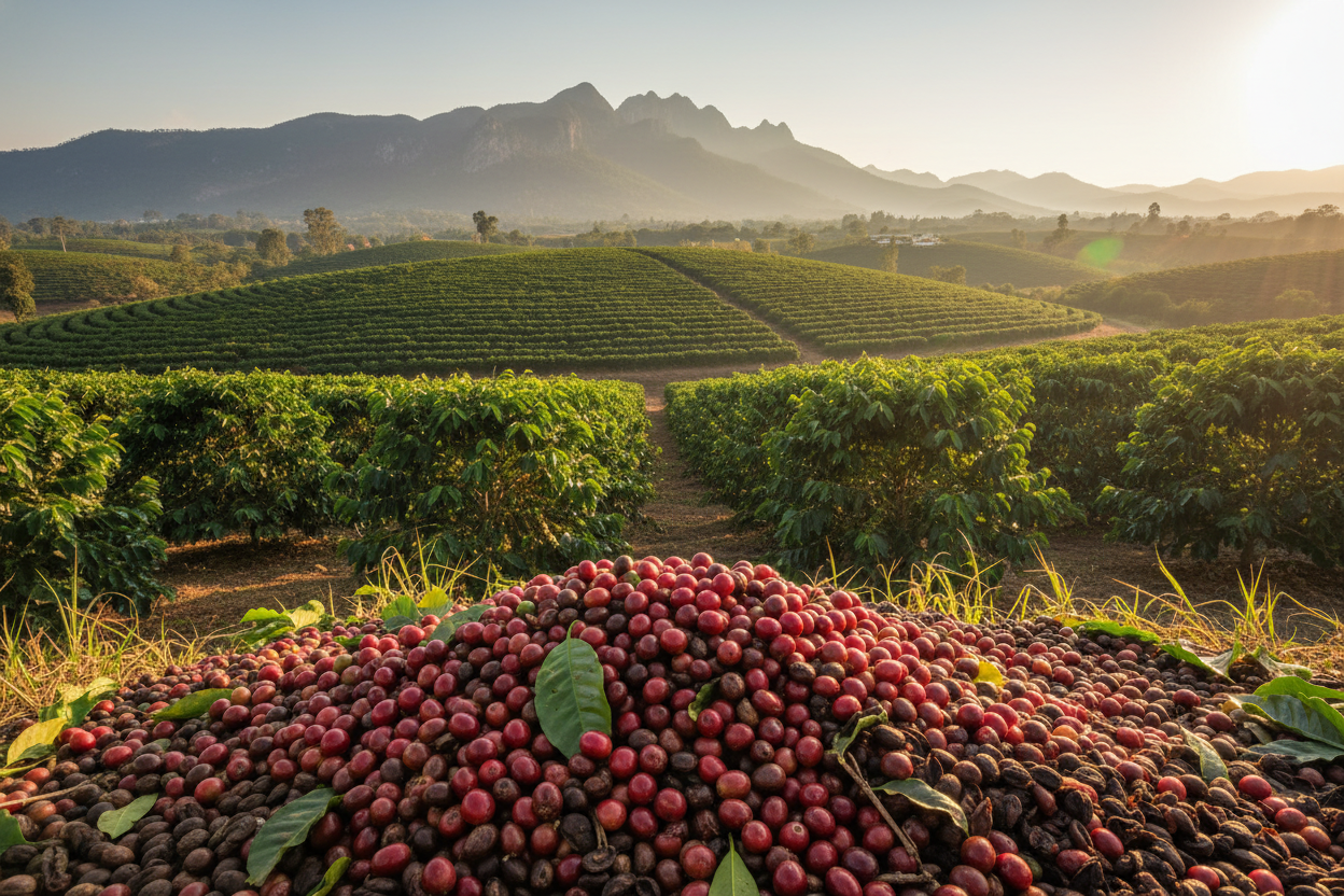Fazer um fazenda de café com grãos de café na frente